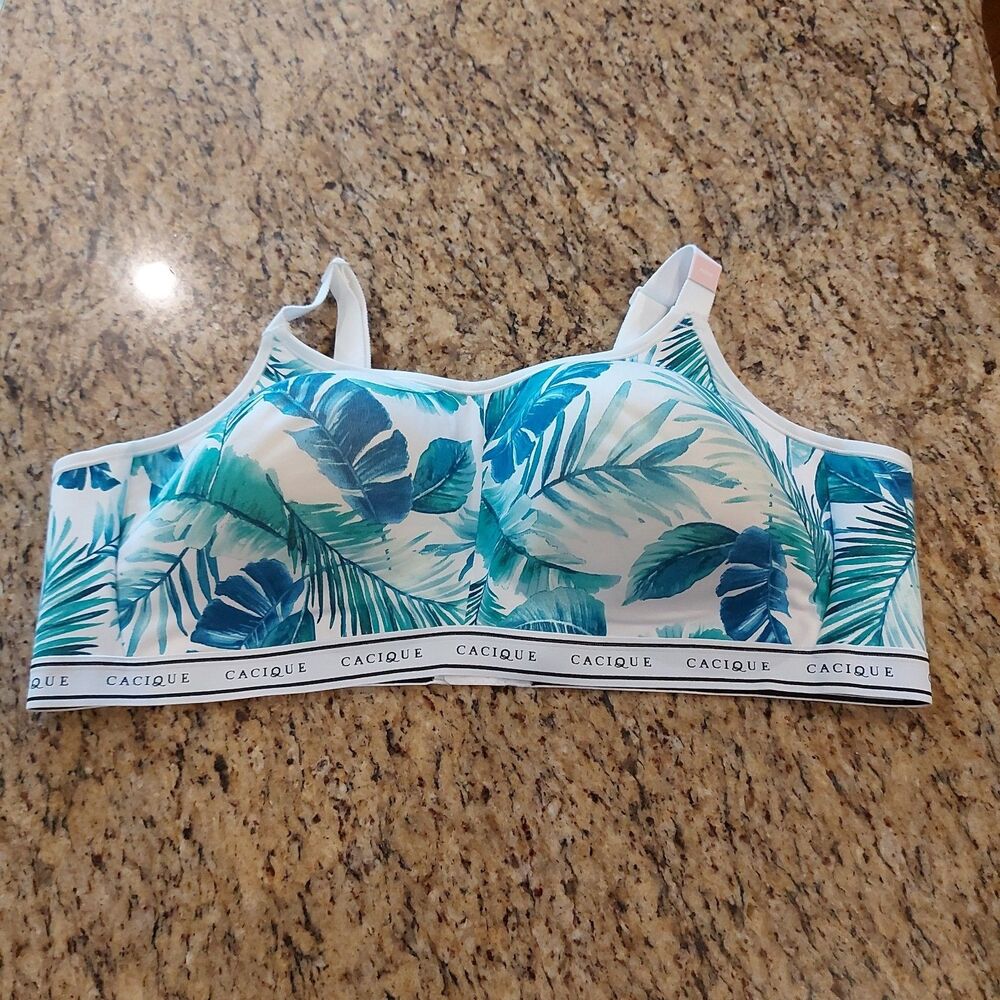 CACIQUE Cotton LL No Wire Scoop Bra Size 48DD NWT Blue/Green Floral Wide Straps